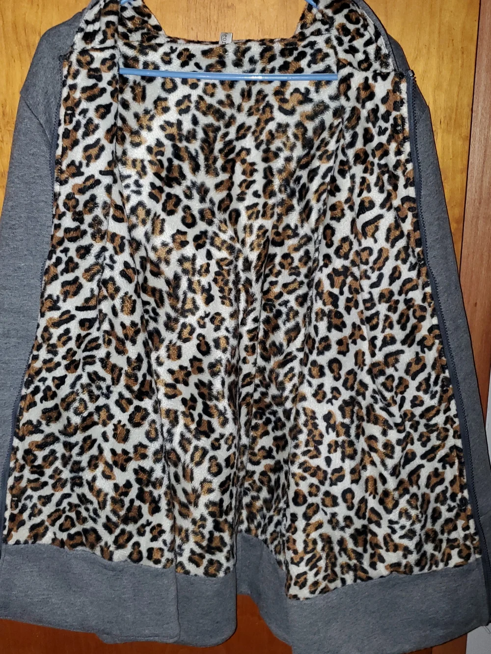 Womens Gray Zip-up Hooded Jacket With Animal Print Lining.